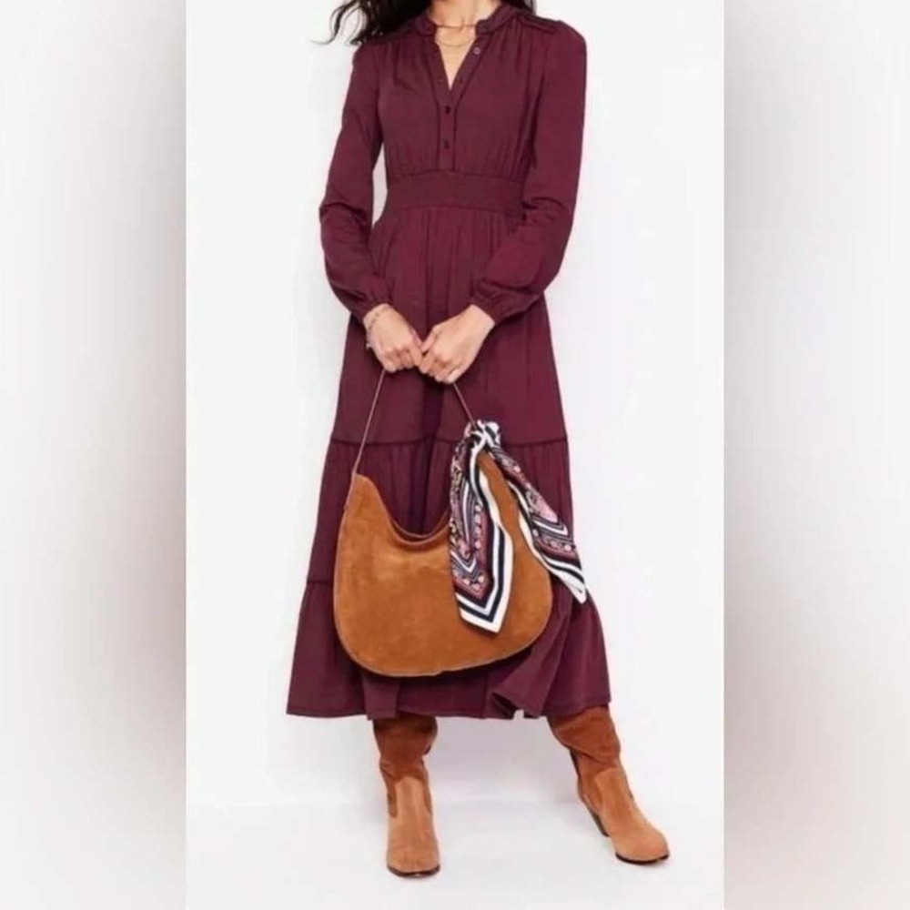 NWT Boden Shirred Waist Tiered Midi Burgundy Tencel Cotton Long Sleeve US 10L